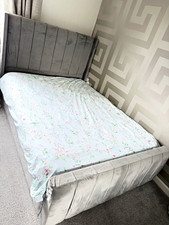 Grey Velvet Upholstered Double Ottoman Bed Frame, Lift-Up Storage, Headboard