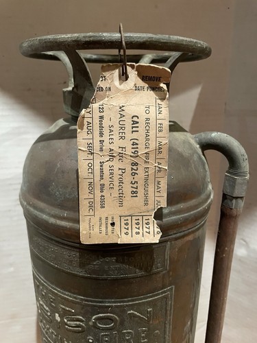 Empty Antique Copper and Brass Fire Extinguisher THE BISON w/ Service Tag 1970s - Picture 5 of 10