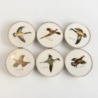 6 Vintage Cyril Gorainoff Painted Game Birds Sterling Silver Milk Glass Coasters