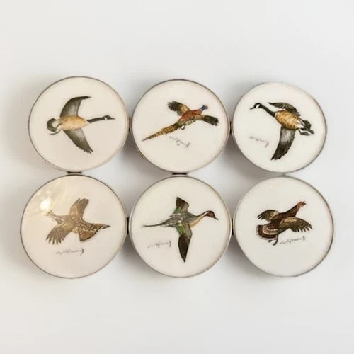 6 Vintage Cyril Gorainoff Painted Game Birds Sterling Silver Milk Glass Coasters