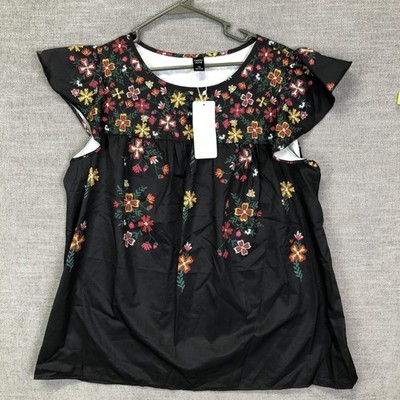 Emery Rose Shirt Womens 1XL Black Floral Embroidered Ruffle Sleeve Boho Top