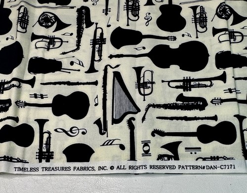 Musical Instruments Trumpet Sax Guitar Violin Fabric Cotton Timeless Treasures 1 - Picture 2 of 2