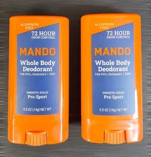 Lot of 2 MANDO Mens Whole Body Solid Deodorant Stick Travel Size .5 oz Pro Sport