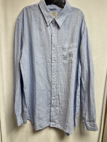LL Bean 100% Linen Shirt Mens 2XL Tall Blue Slightly Fitted Long Sleeve ID288681