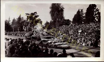 Vintage Found Snapshot Photograph  Floral Float Parade with Spectator Crowd