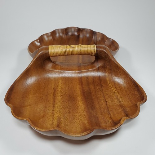 Vintage Teak Solid Wood Scalloped Two Section Bowl With Wrapped Handle 15"L MCM - Picture 4 of 12