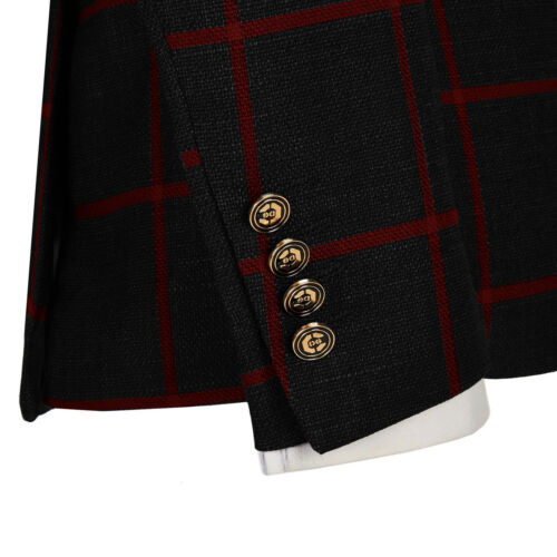 Men's Black Red Plaid Suits Double Breasted Jacket Pant 2 Piece Groom Slim Suits - Picture 7 of 12