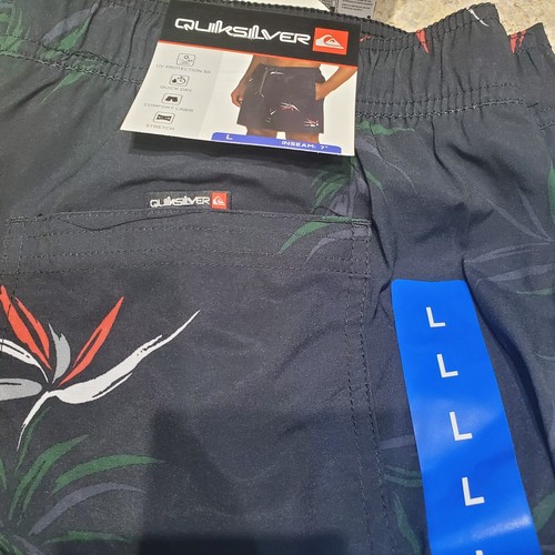 MENS LARGE BLACK BIRD OF PARADISE QUIKSILVER VOLLEY SWIM SHORTS TRUNKS W/ LINER - Picture 6 of 6