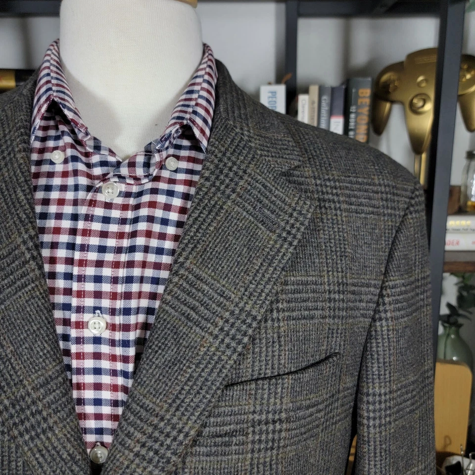 Abrigo Blazer Deportivo John Ashford Para Hombre Franela Dos Botones Marrón A Cuadros Talla 42R Foto 3 de 4