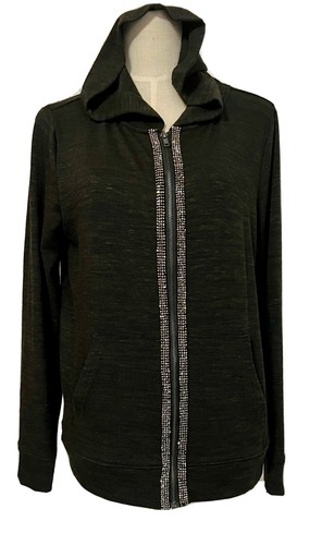 Juicy Couture L Felpa con Cappuccio e Zip Frontale Cardigan Giacca Dettaglio Strass Erica Scura - Foto 4 di 11