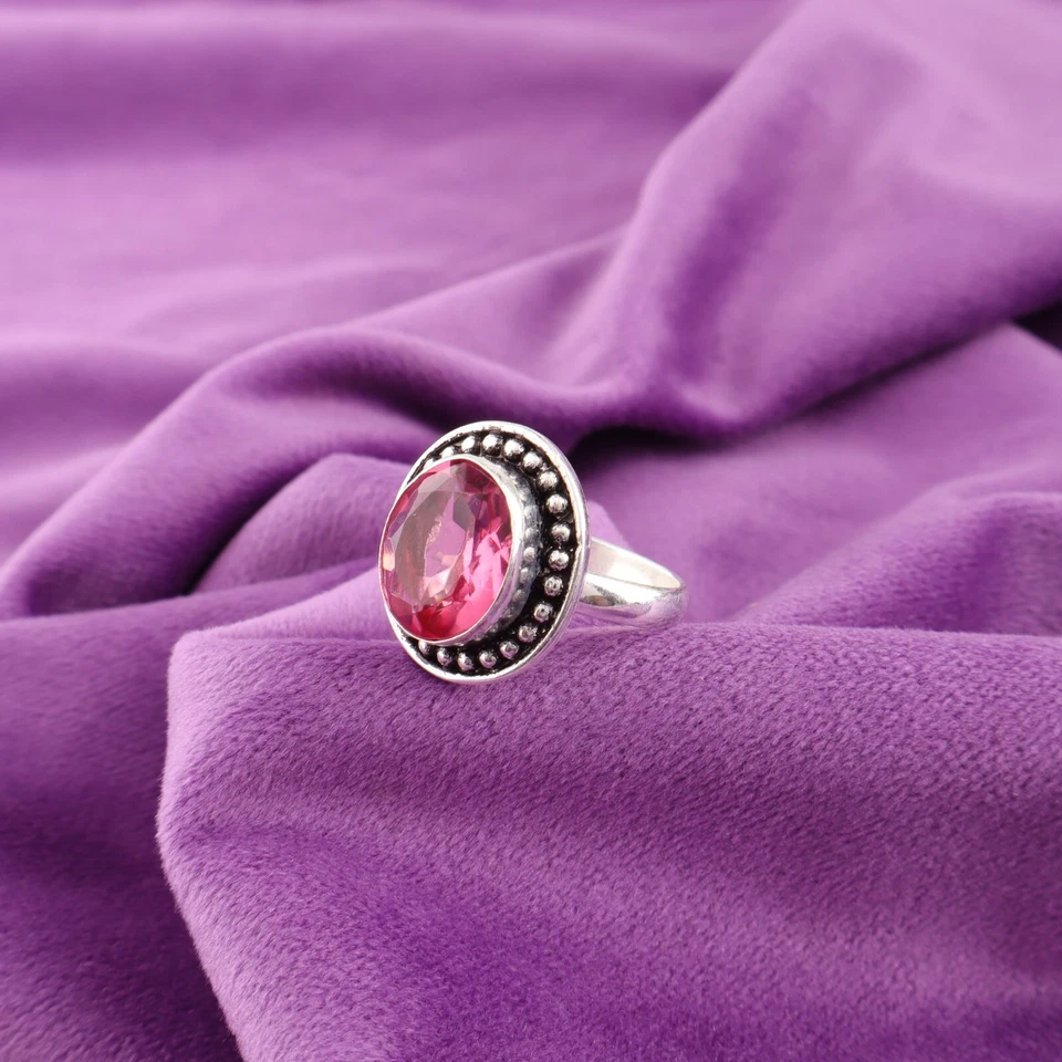 Natural Pink Tourmaline 925 Silver Statement Ring Size For Girls - Image 3 of 4