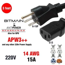 Bitmain Antminer Power cable cord Heavy Duty (3FT) 14 AWG NEMA 6-15P to C13