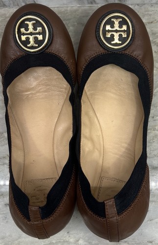 Tory Burch Ballet Flats Brown Leather/Black Elastic Size 7.5 Gold-like Medallion - Picture 7 of 24