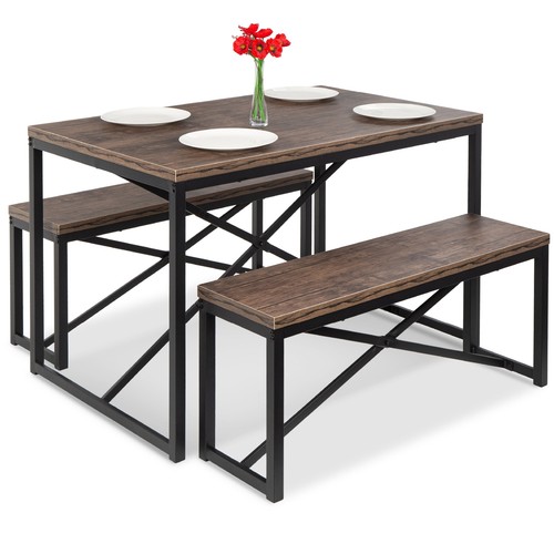 45.5in 3-Piece Bench Style Dining Furniture Set 4-Person Dinette W/ 2 Benches - Picture 25 of 66