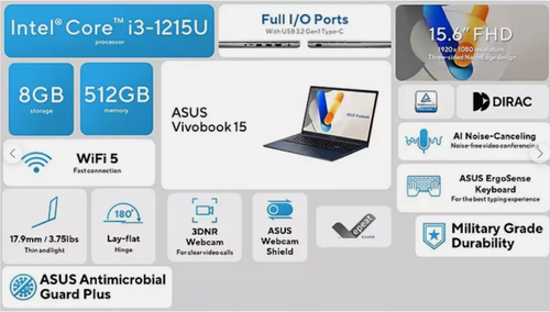 Asus Vivobook FHD 15.6" Laptop i3-1215U 8GB RAM 512GB SSD (OPEN BOX) - Picture 7 of 8