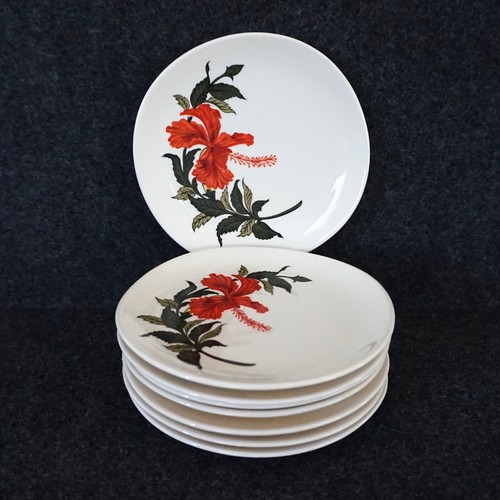 Crooksville Iva Lure Flamingo Red Hibiscus Side Plates 6" Set of 8 Vintage