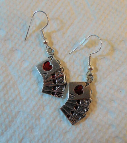 Royal Flush Playing Cards Earrings Red Hearts Poker Silvertone Alice Wonderland - Picture 2 of 3