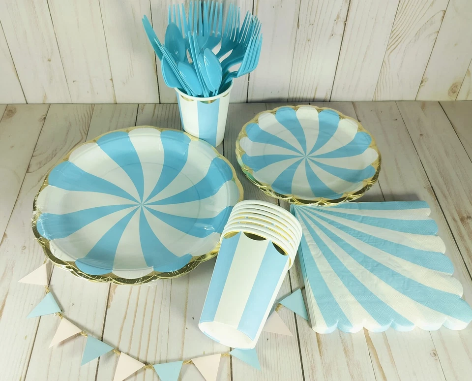 Juego de vajilla de fiesta desechable 56 piezas para 8 invitados - rayas azules y blancas Foto 4 de 4