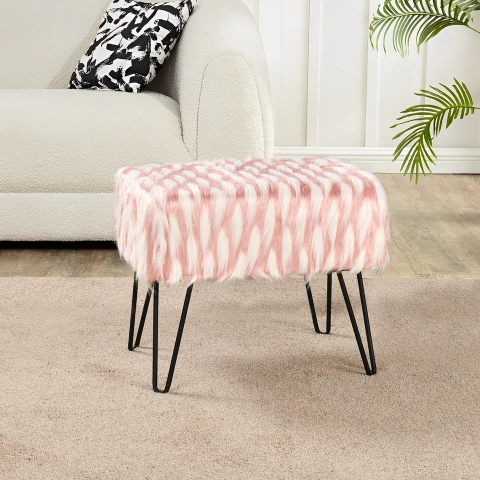Plush Feathery Faux Fur Ottoman Bench - Luxe Vanity Stool Foot Rest Accent Seat - Image 2 of 4