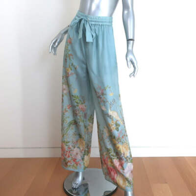 Zimmermann Waverly Relaxed Pants Blue Floral Print Silk Size