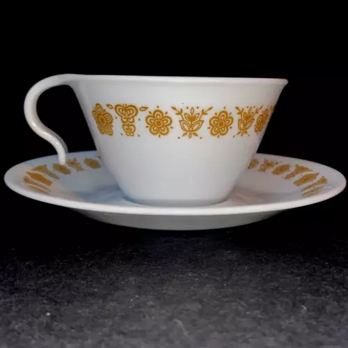 SET OF 3 VTG Corelle Butterfly Gold Tea Coffee Cups w/ Hook Handles + Saucers