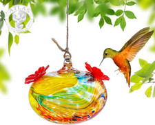 3Inch Hand Blown Glass Hummingbird Feeders for Outdoors with 2 Feeding Ports Lea