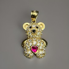 10K Yellow Gold Teddy Bear Pendant w/ CZs  Ruby Heart Stone   3.2g