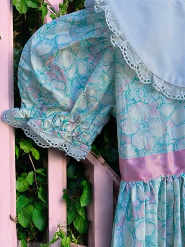 Vintage Handmade Collared Dress Girls Sz 5/6 ? Pink Ribbon Teal Floral - Picture 3 of 4