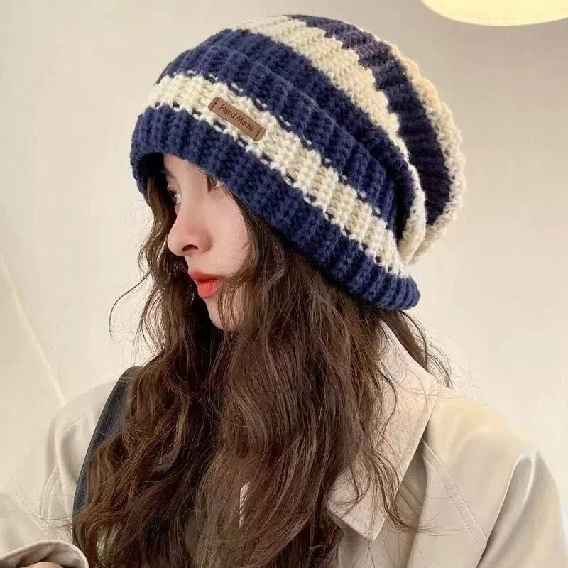 Juego de 2 PIEZAS Gorro Tejido a Rayas Hecho a Mano Azul Negro Invierno Slouchy Toque Cap Foto 4 de 4
