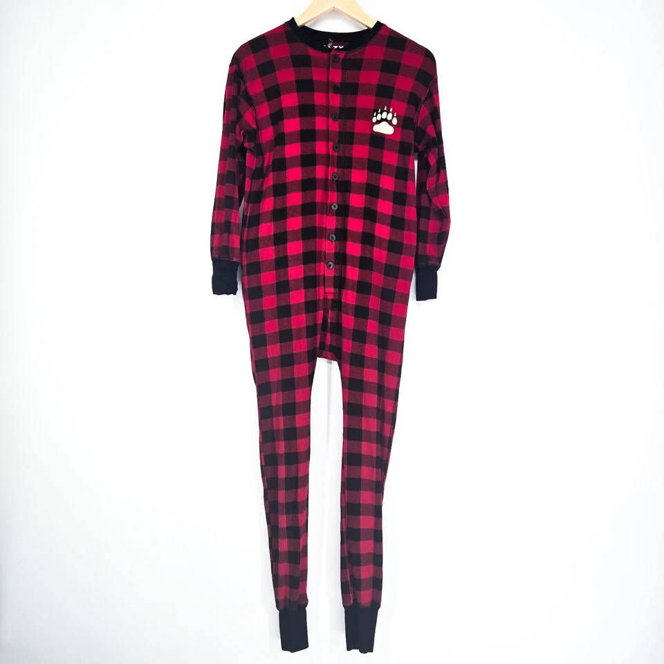 Lazy One Piece Flap Jacks Buffalo Plaid Pajamas Trap XS Red Black Christmas - Image 2 of 4