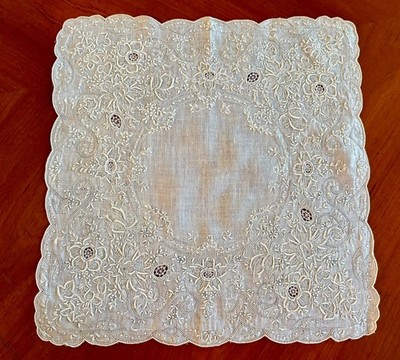 Elegant Madeira Embroidered Wedding Hanky Handkerchief~Encrusted~