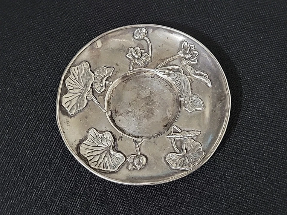 Plato posavasos japonés antiguo de plata de ley flores florales Foto 2 de 4