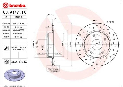 2x BRAKE DISC 08.A147.1X FOR HONDA CIVIC/IX/VIII/Hatchback R18A1/R18Z4 1.8L 4cyl - Picture 2 of 7
