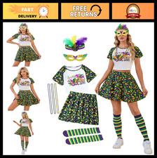 Mardi Gras Women's 8-Piece Costume Set - Crop Top, Skirt, Socks, Mask Accessor