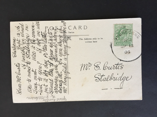 GB 1906 SHERBORNE SKELETON POSTMARK ON POSTCARD TO STALBRIDGE