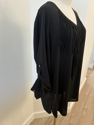 Joseph Ribkoff Sz. 14 Black Lightweight Tunic Blouse Draped Fringe V-Neckline