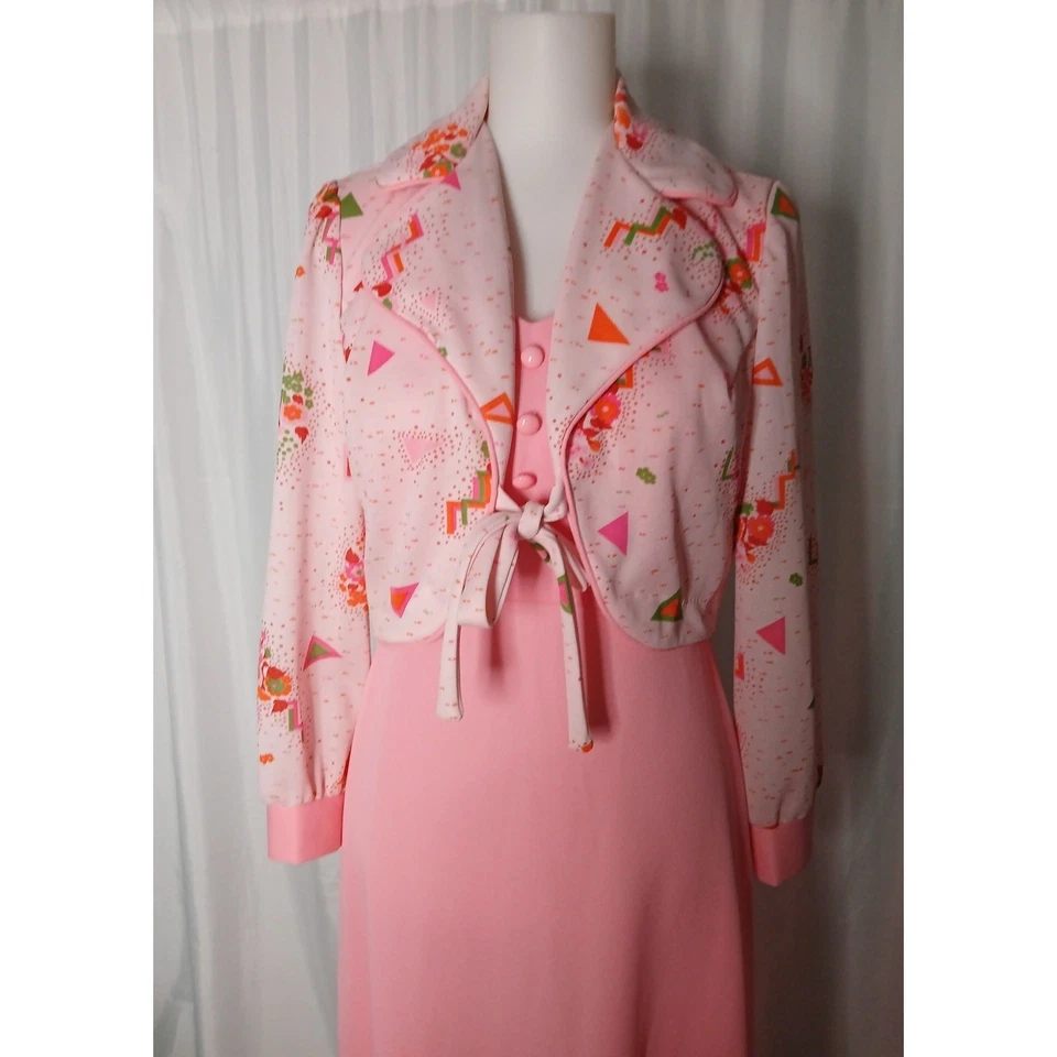Vintage Maxi Dress and Matching Shrug Jacket Set 1960s Mod Geometric Floral Pink - Image 4 of 4