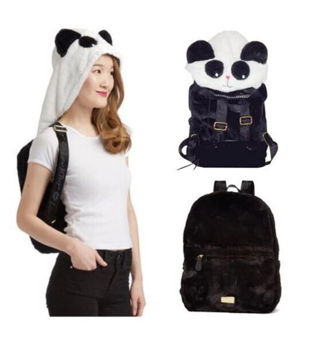 Betsey Johnson Hoodie Panda Backpack Soft Plush Black White - Picture 3 of 9