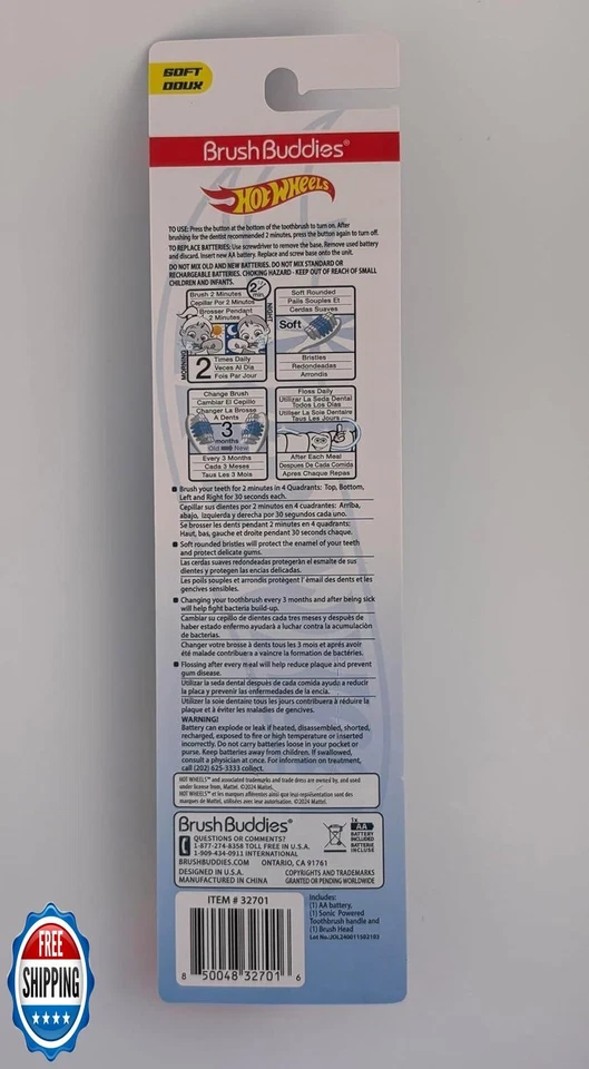 Cepillo de dientes eléctrico sónico para niños Brush Buddies Hot Wheels alimentado por batería, suave Foto 4 de 4