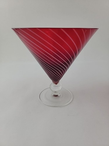 2 Modern Ruby Red Martini Glasses Goblets White Swirl Set Hand Blown Clear Stem - Picture 12 of 13