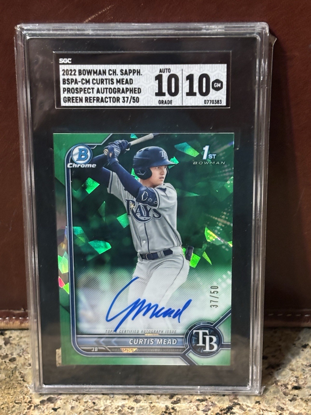 2022 Bowman Chrome Sapphire Curtis Mead Prospect Green Refractr Auto /50 SGC 10