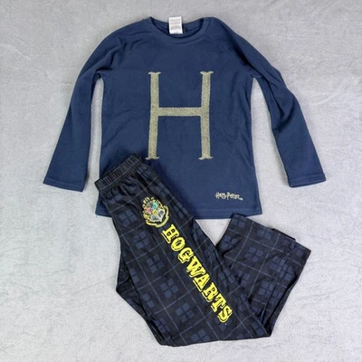 Harry Potter Kids Navy Blue Fleece Pajama Set Hogwarts Plaid Pants Size 10/12 - Image 1 of 4