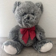 HugFun Teddy Bear Plush Stuffed Animal 12” Toy Gray Red Bow