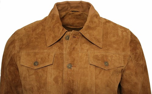 Men's Trucker Casual Tan Goat Suede Leather Shirt Jeans Jacket - Picture 3 of 6