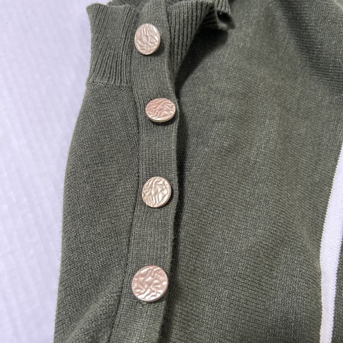 Grüner Pullover Damen XL Stehkragen creme gestreift Knopfleiste Pull On Boutique - Bild 4 von 11