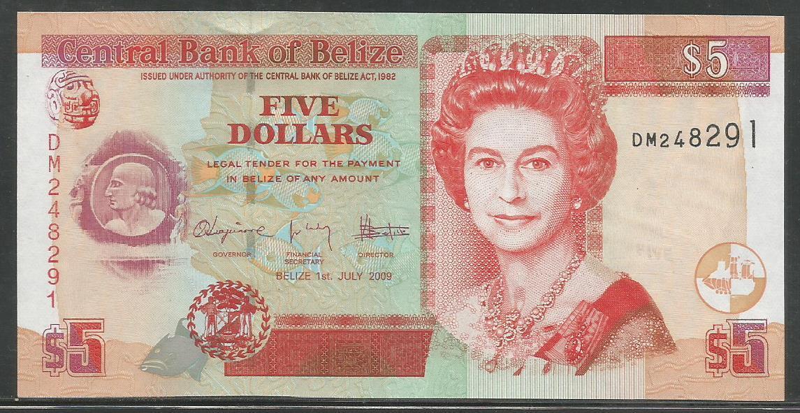 Belize P-67d 5 Dollars 2009 Unc