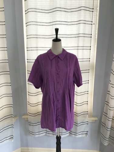 Woman Within Size 3X Purple Cotton Pintucked Gauze Button Up Shirt Casual