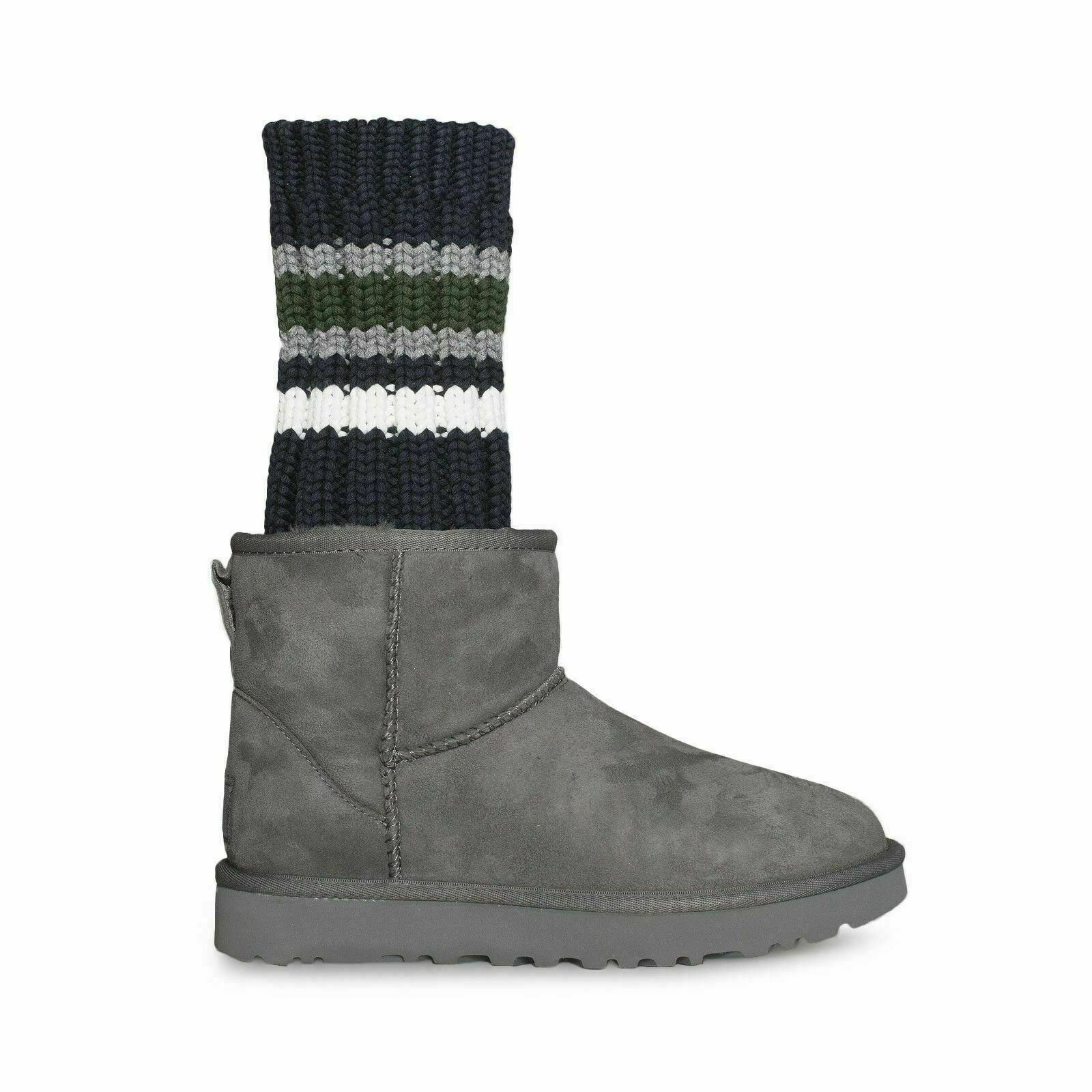 UGG SACAI KNIT CLASSIC MINI II GREY SUEDE SHEEPSKIN BOOTS SIZE US