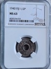 Fiji 1/2 Penny 1940 NGC MS 63