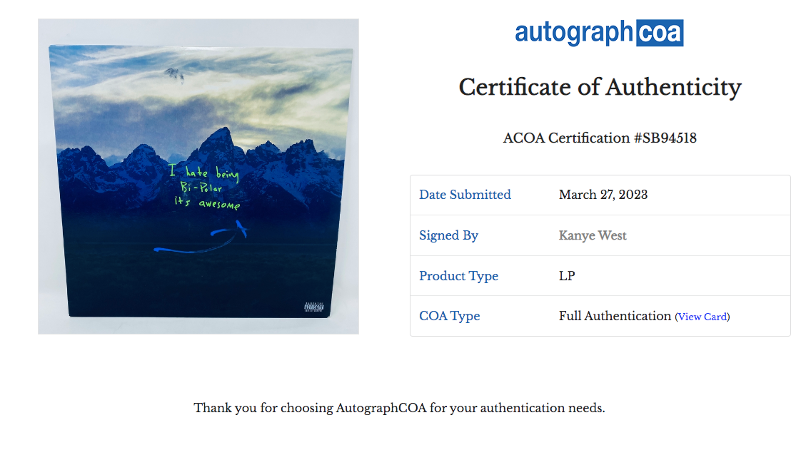 Kanye West Signed Autograph YE 2018 Vinyl Record Album LP
